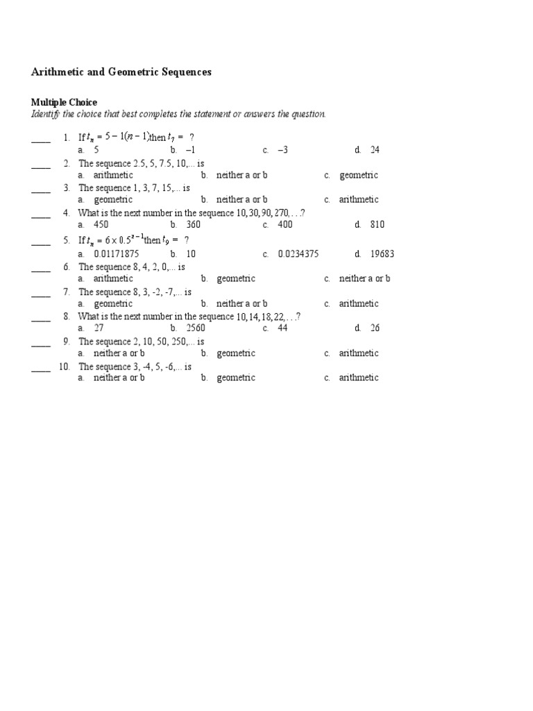 Arithmetic and Geometric Sequences: Multiple Choice | Arithmetic ...