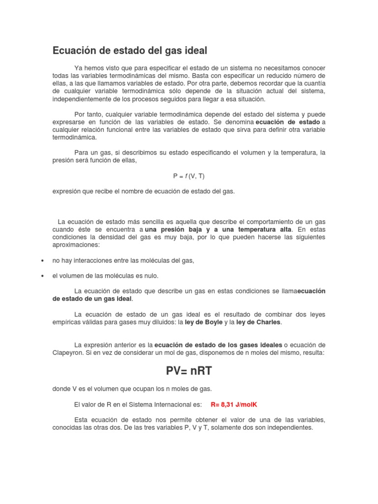 Ecuación de Estado Del Gas Ideal | PDF | Gases | Temperatura