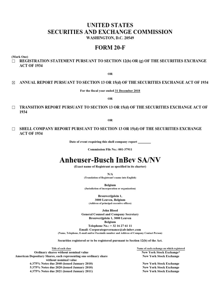 AB InBev 20 F PDF | PDF | Financial Risk | Stocks