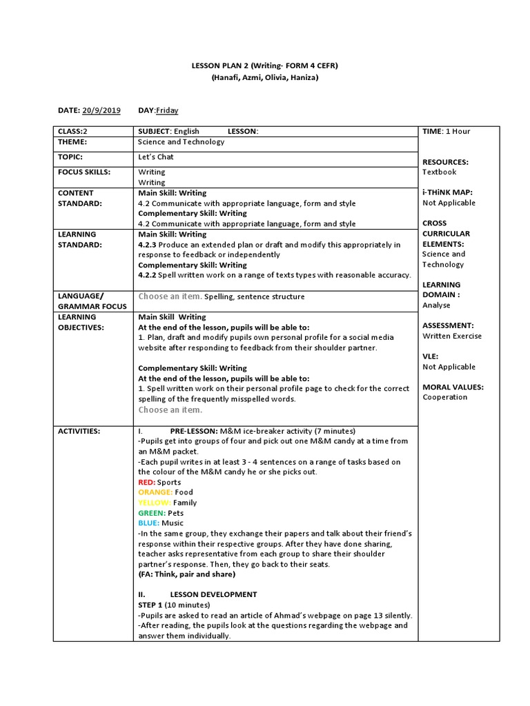 Sample Lesson Plan For Form 4 Cefr 2019 Writing Spelling Linguistics