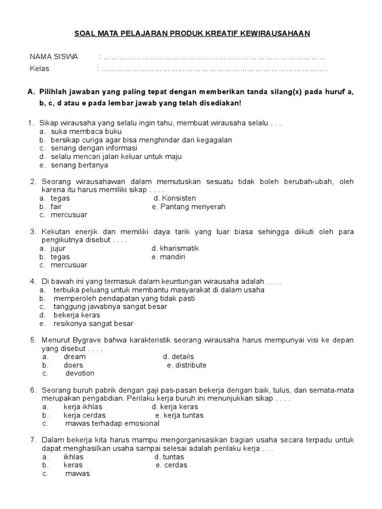 Soal Latihan Mempresentasikan Sikap Dan Perilaku Wirausaha Tak Ada Jawaban Doc