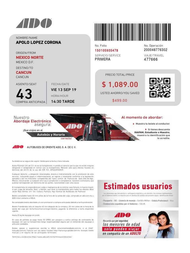 Ejemplo de Boleto de ADO PDF Gobierno Transporte
