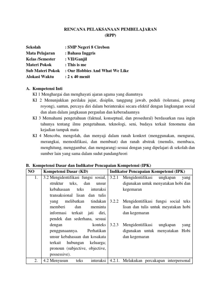 Rpp Our Hobbies And What We Like Pdf