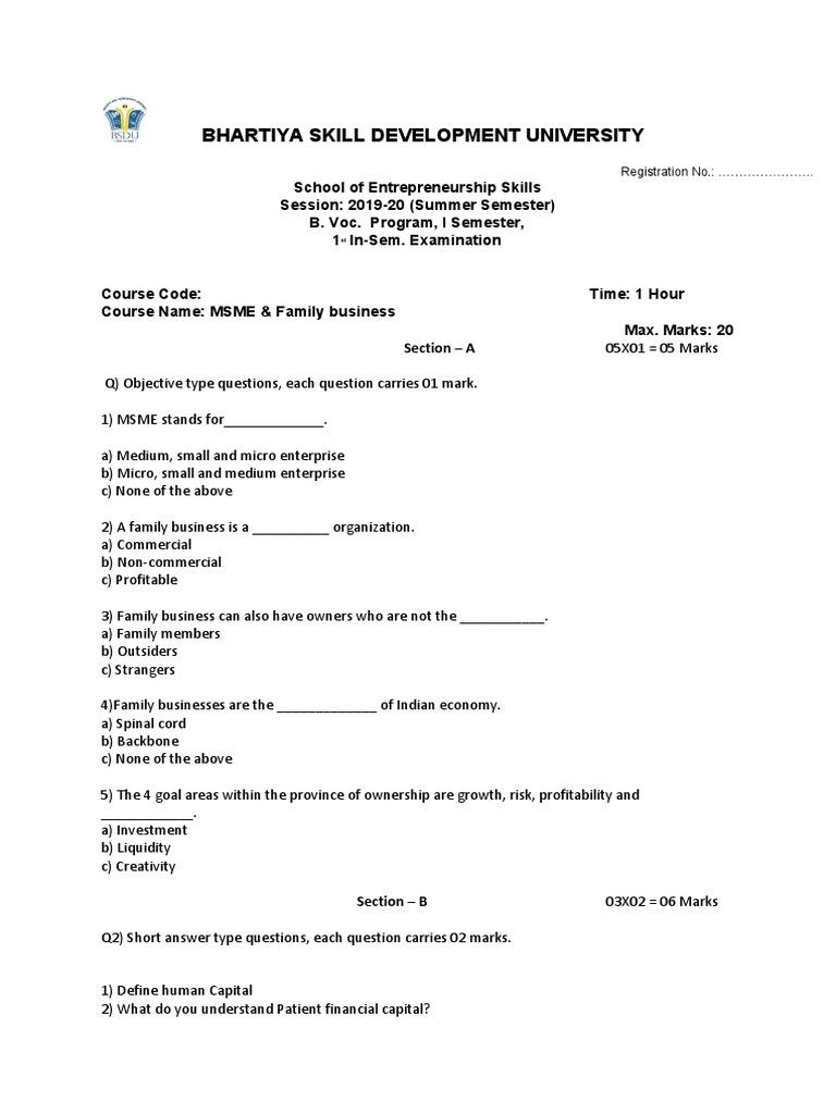 MSME & Family Business Exam Questions | PDF | Business