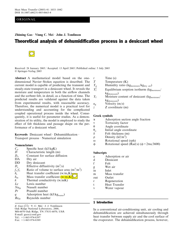 2005 Theoretical Analysis of Dehumidification Process in A Desiccant