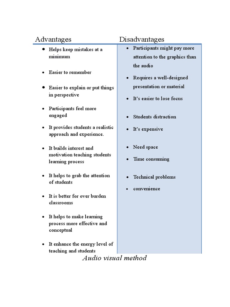 Advantages Disadvantages Audio Visual Method PDF