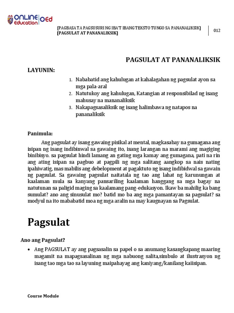 Pagsulat Sa Filipino | PDF