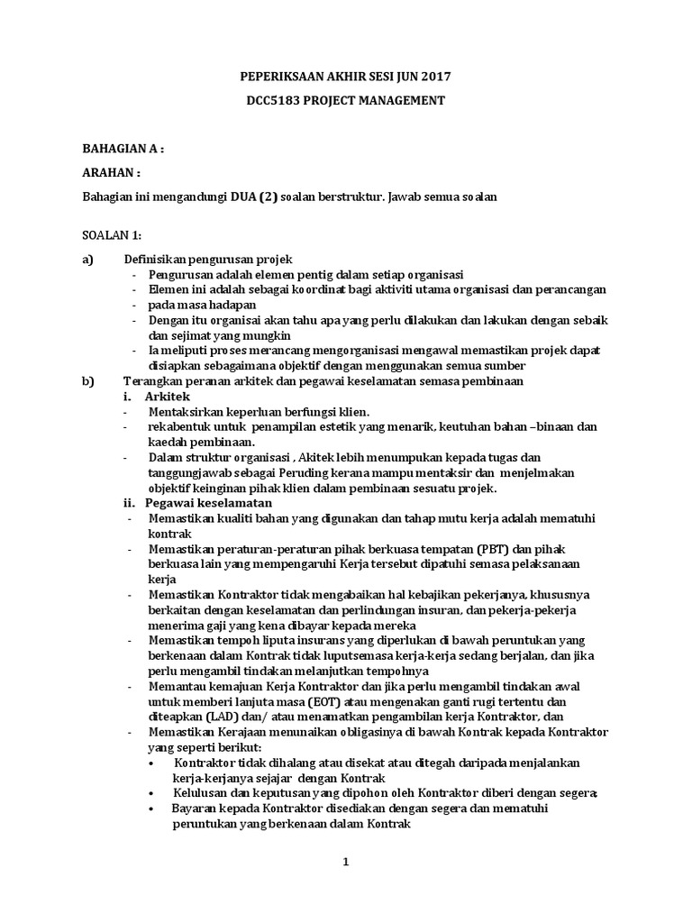 Skema Jawapan Peperiksaan Akhir Sesi Jun 2017 Dcc5183 Project Management Pdf