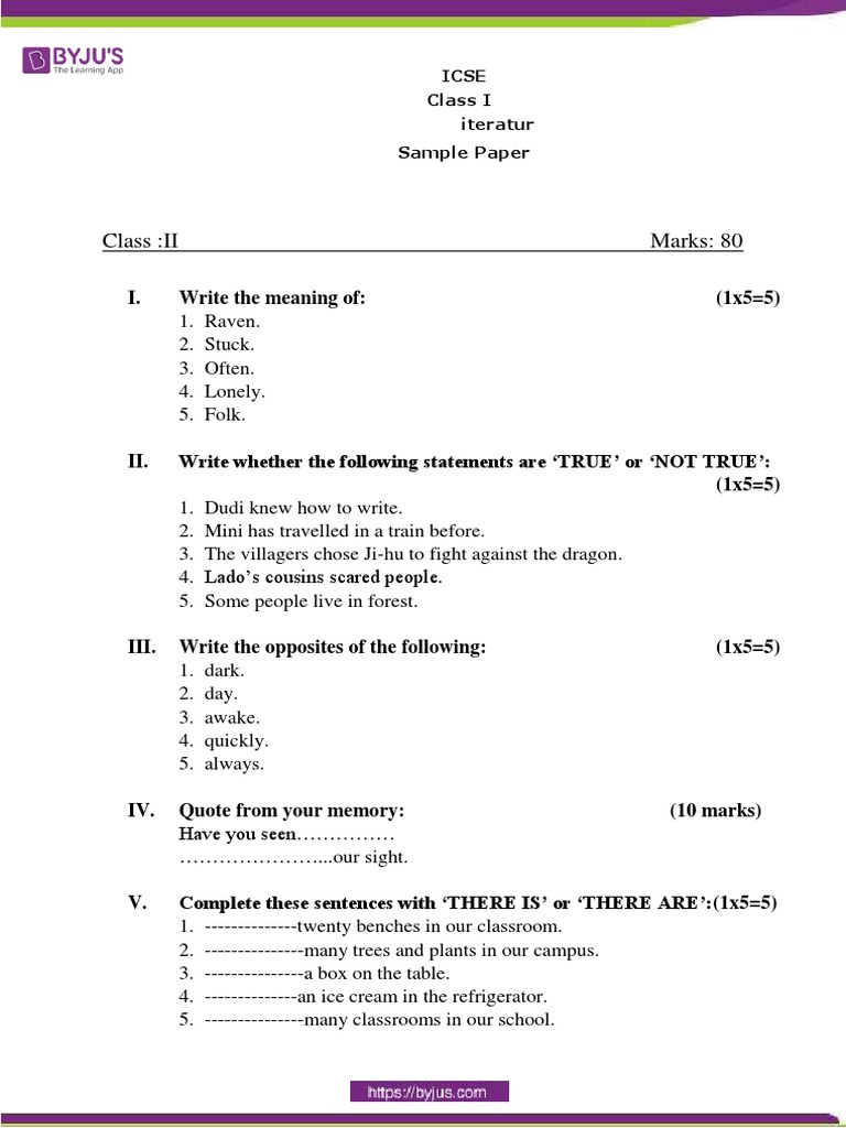 ICSE Class 2 English Literature Sample Paper PDF PDF