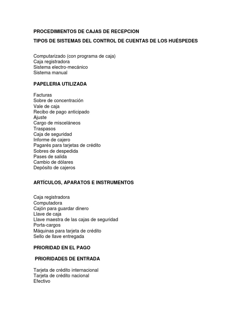 Procedimientos de Caja en Hotelería | PDF | Tarjeta de crédito | Hotel