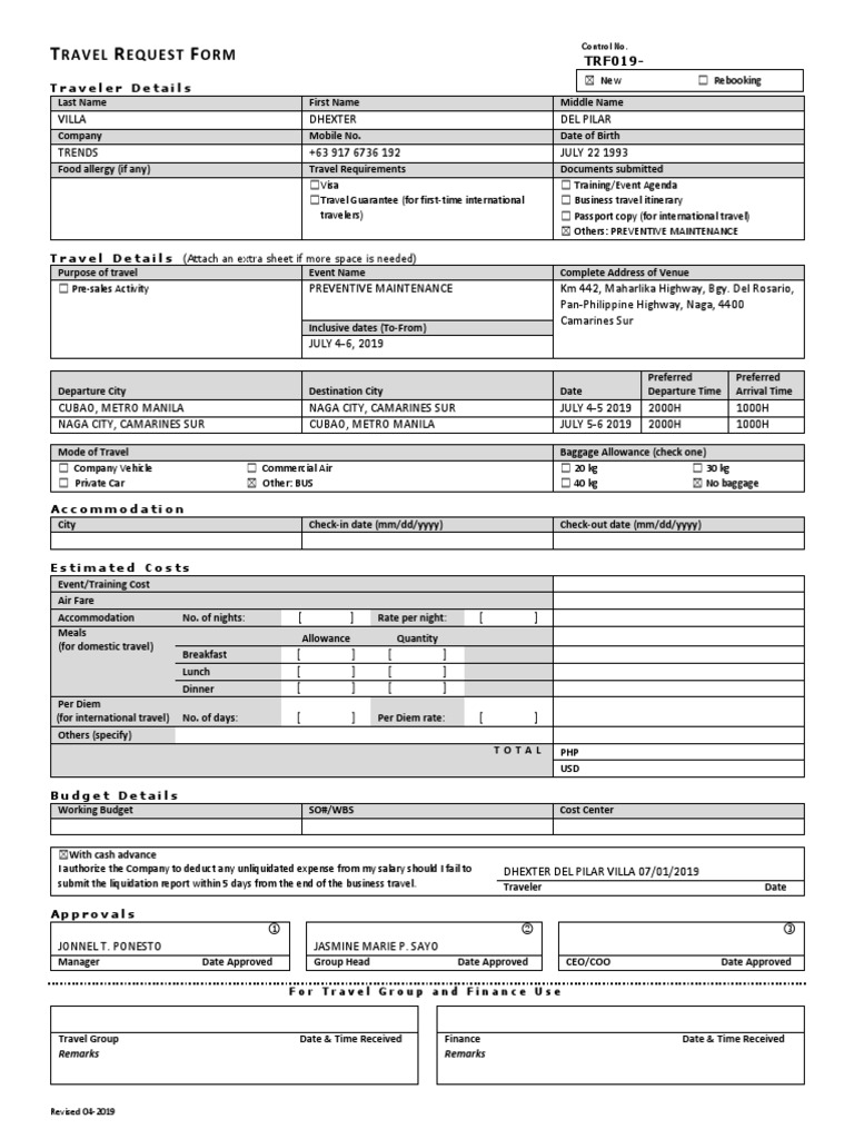 Travel Request Form | PDF | Transport | Business