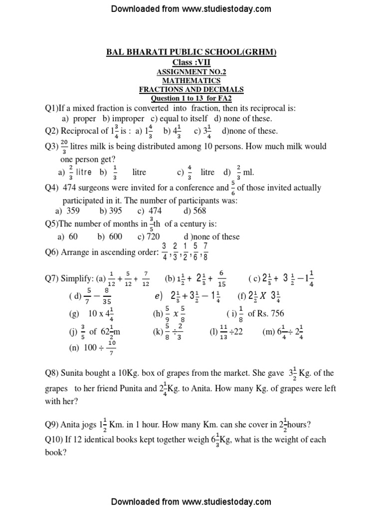CBSE Class 7 Maths Worksheet PDF | PDF | Fraction (Mathematics ...
