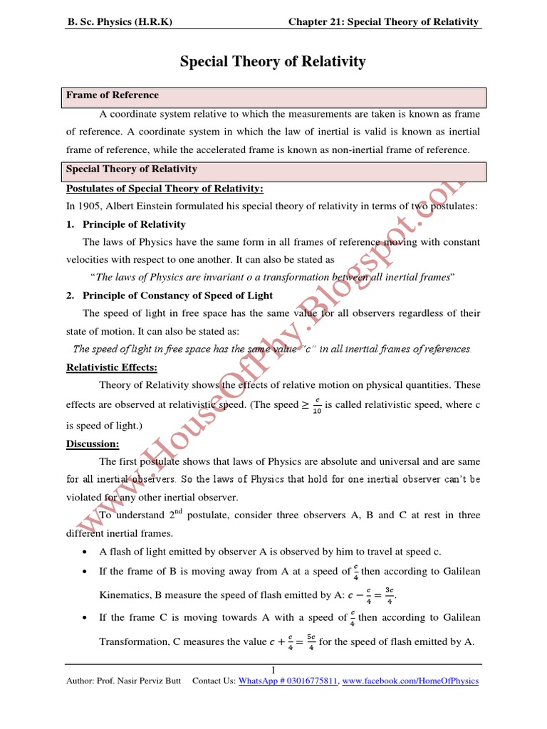 Special Theory of Relativity PDF Special Relativity Speed Of Light