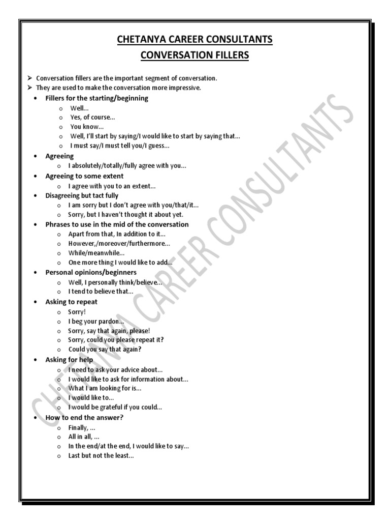 Chetanya Career Consultants Conversation Fillers Fillers For The Starting/beginning PDF