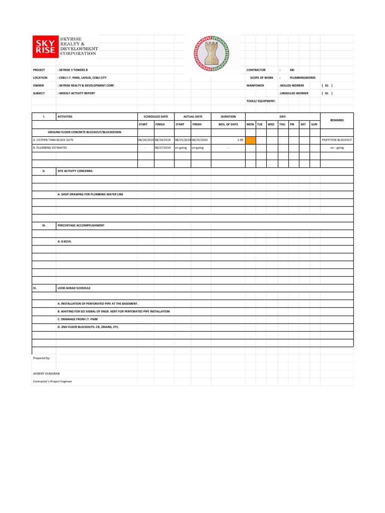 Skyrise 3B Weekly Activity Report | PDF | Hydraulic Engineering ...