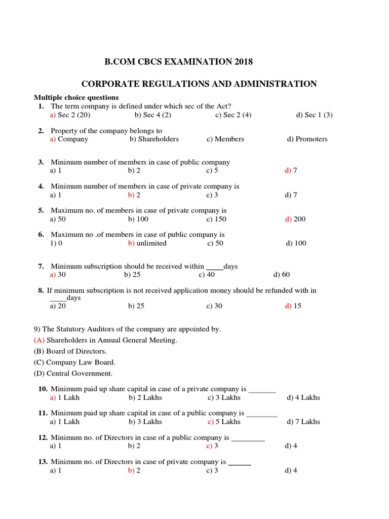 MCQ Corporate Regulations and Administration PDF Debenture Board Of Directors