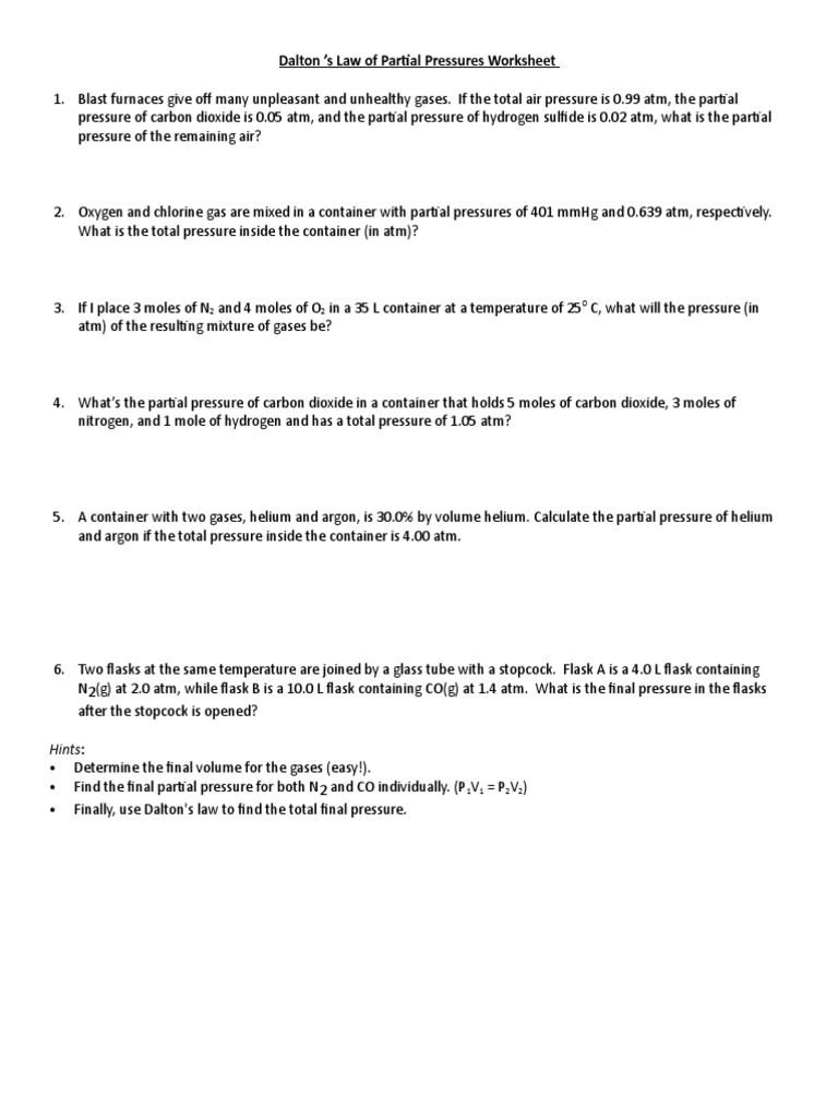 Dalton 'S Law of Partial Pressures Worksheet: Hints | PDF