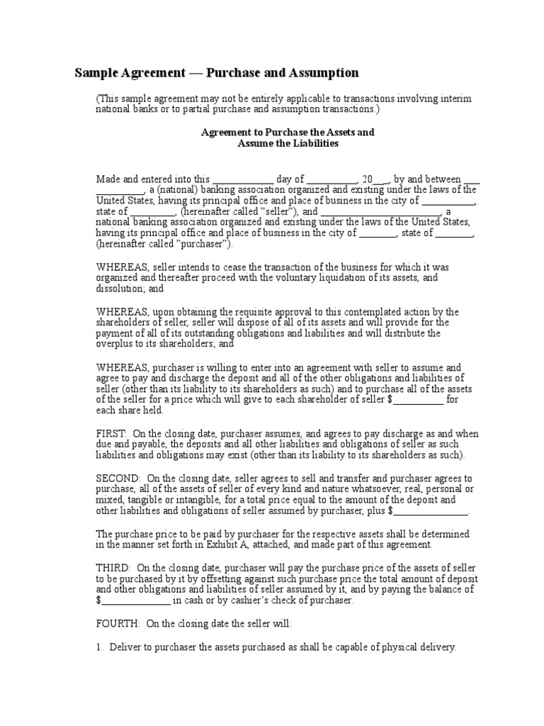 Sample Agreement - Purchase and Assumption | PDF | Liquidation ...
