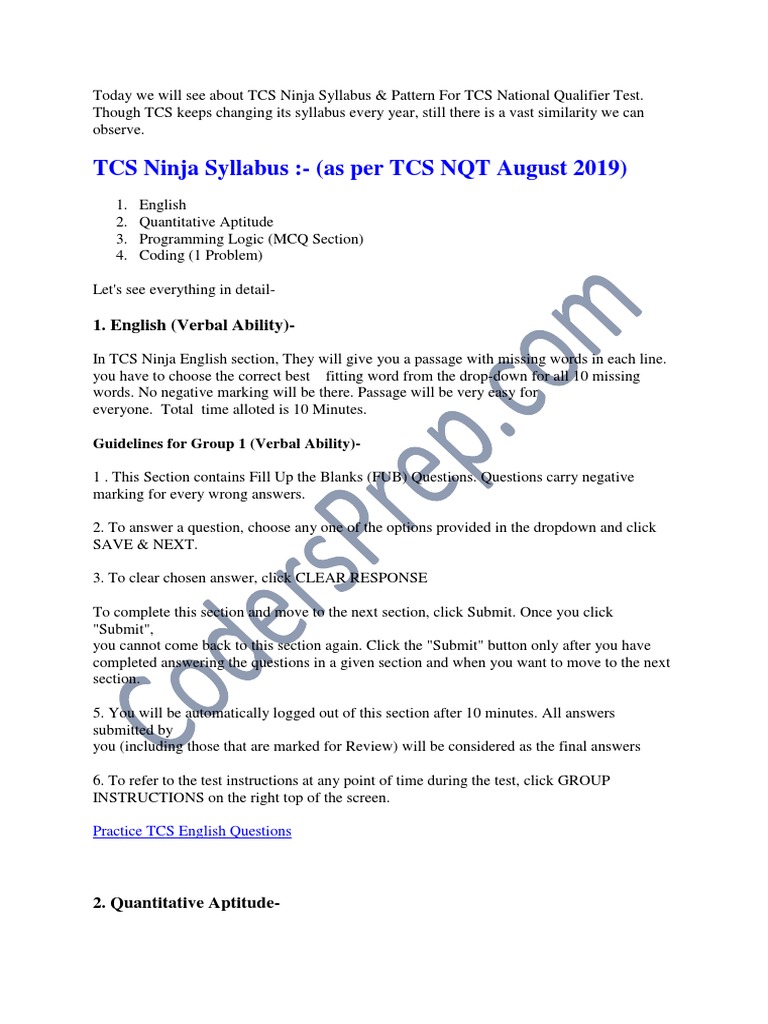 Tcs Ninja Syllabus PDF Multiple Choice Integrated Development