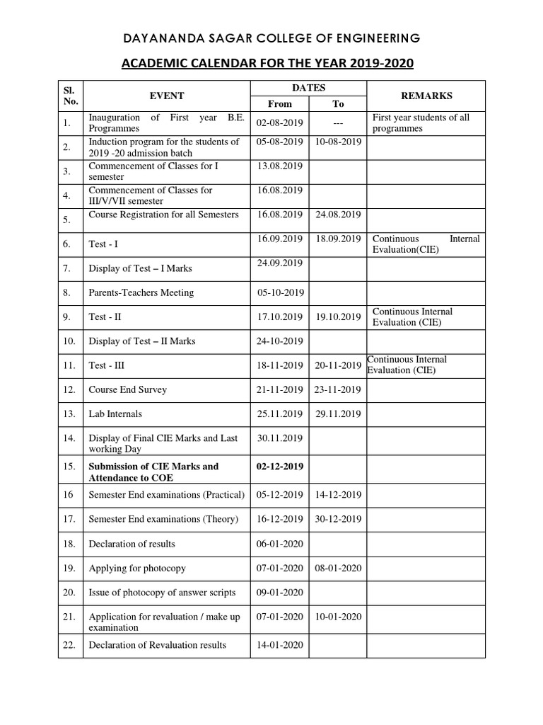 Academic Calendar of Events ODD Semester 2019 PDF Academic Term