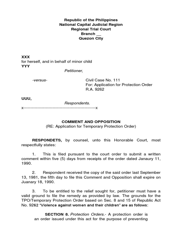 Opposition to Temporary Protection Order | PDF | Restraining Order ...