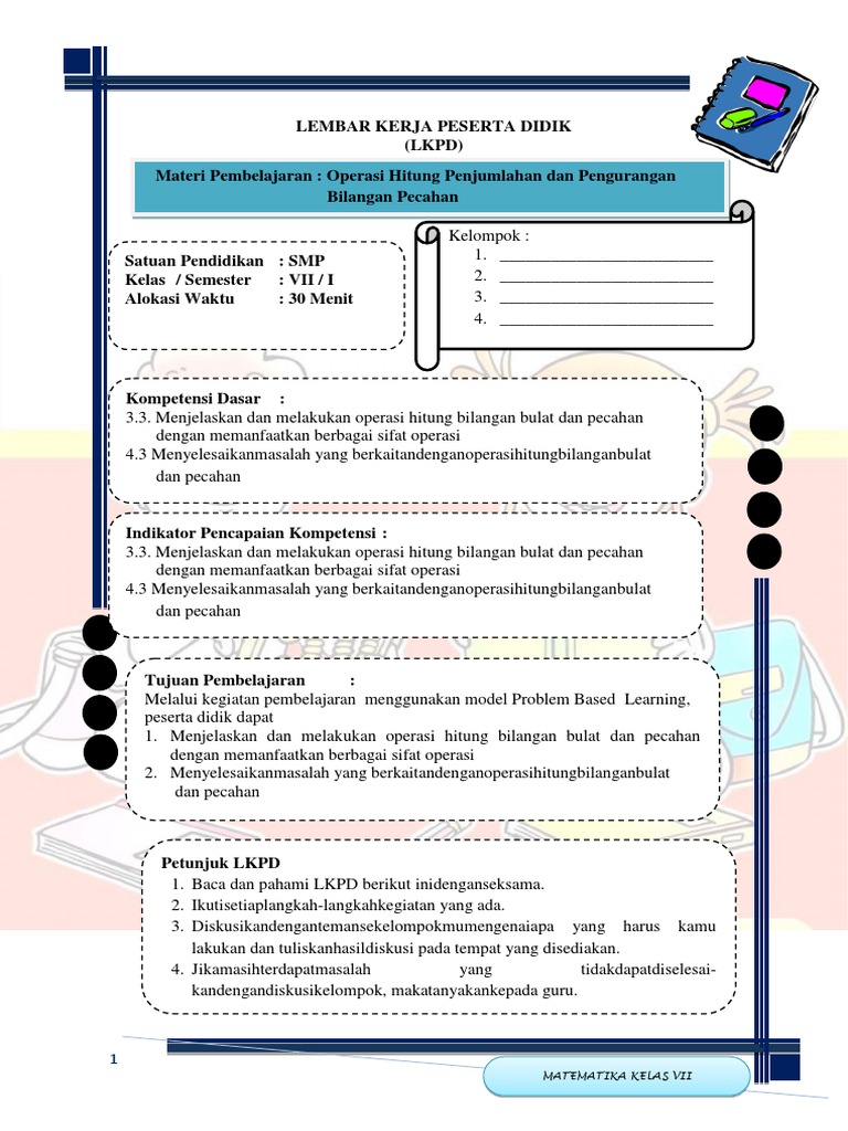 Lkpd Smp Operasi Hitung Penjumlahan Dan Pengurangan Bilangan Pecahan