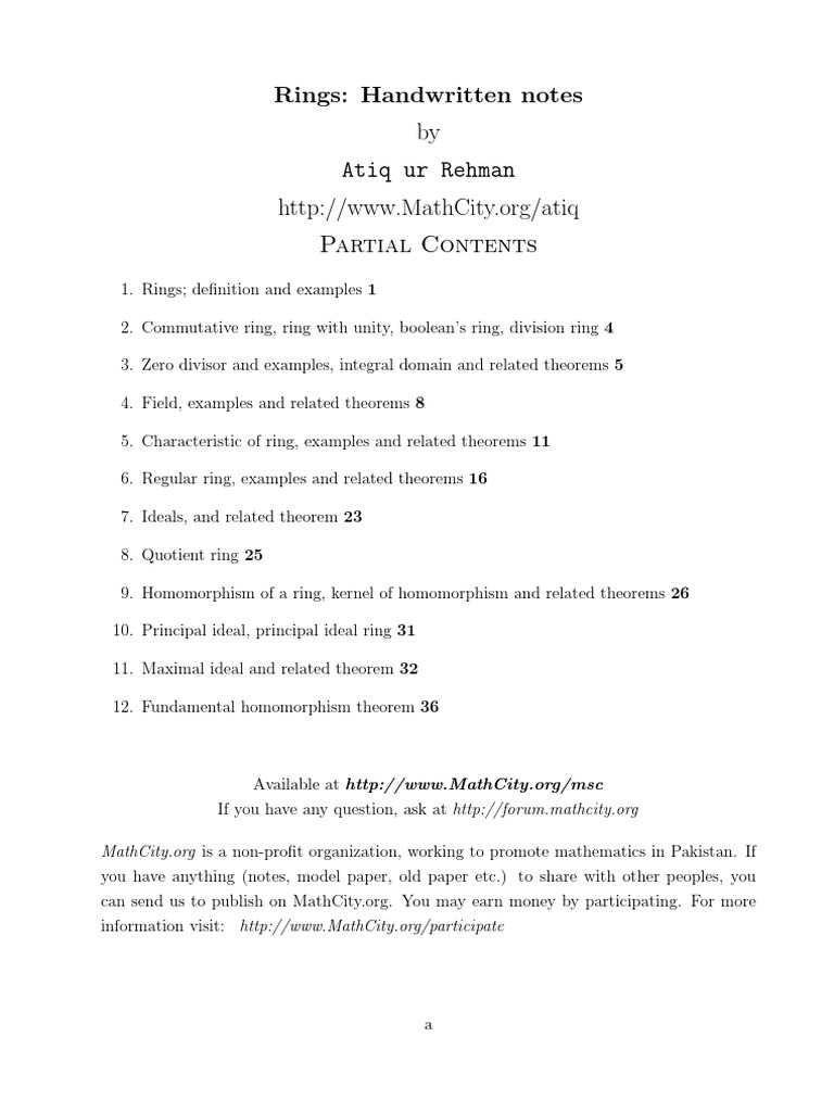 Handwritten Notes on Ring Theory | PDF | Ring (Mathematics) | Category ...