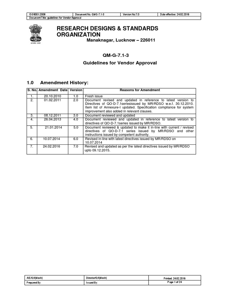 Research Designs & Standards Organization QMG7.13 Guidelines For Vendor Approval PDF