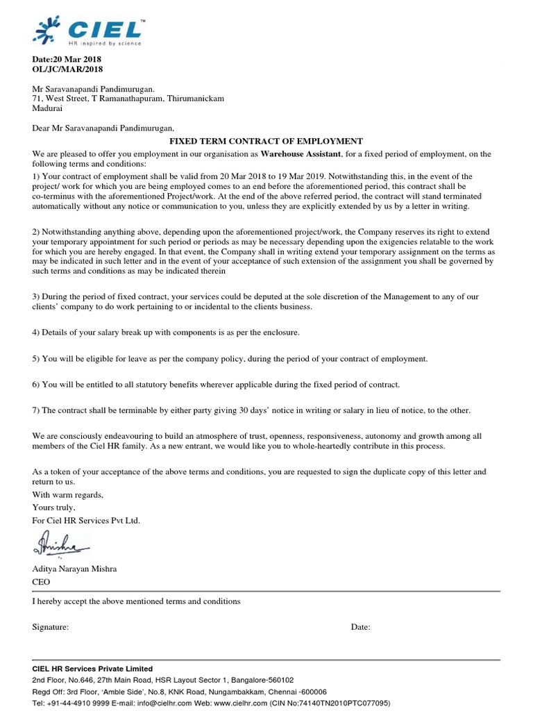 Saran Offer Letter Pdf Employment Social Institutions