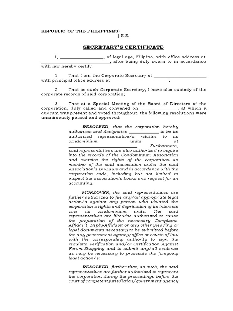 SAMPLE SEC CERT Representative To File A Case | PDF | Affidavit ...