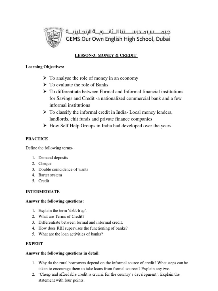 Lesson-3: Money & Credit Learning Objectives | PDF