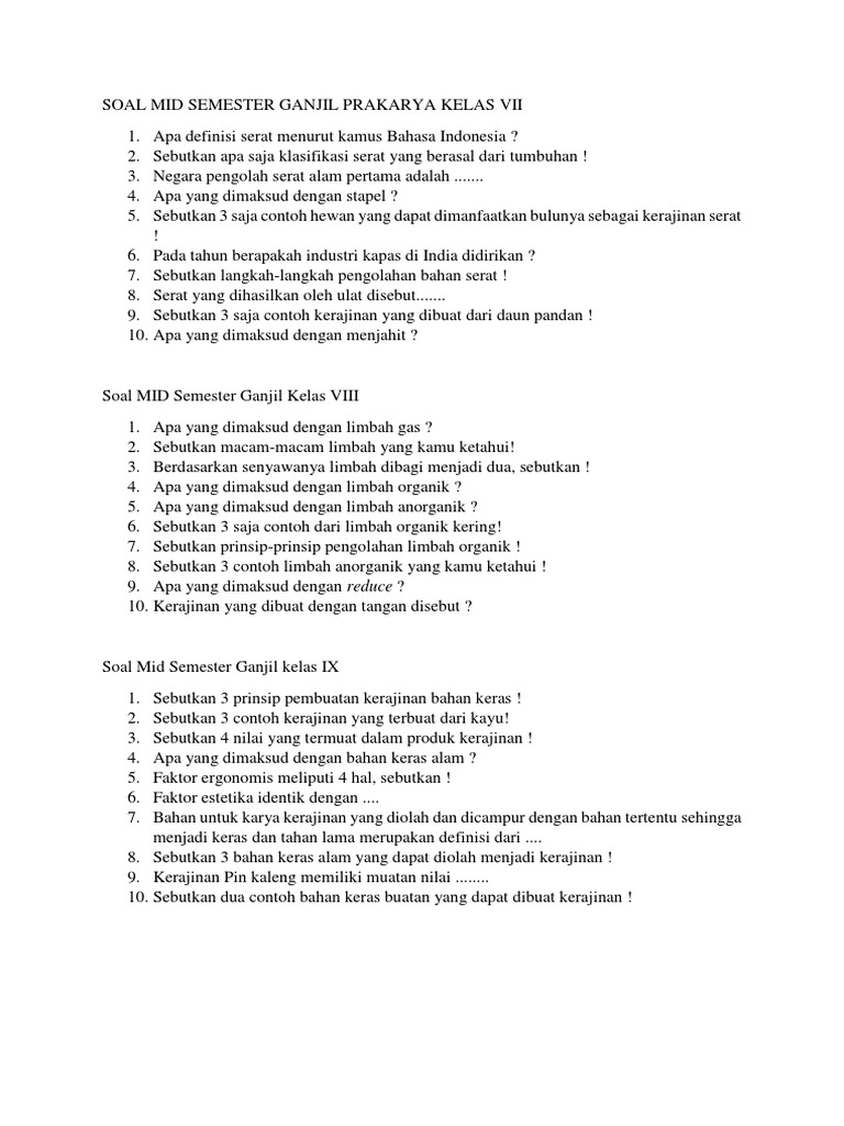 Mid Semester Ganjil Prakarya Mts Riyadlul Wardiyah Pdf