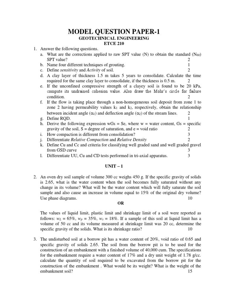 Model Question Paper 1 - Geotechnical Engineering | PDF | Geotechnical ...