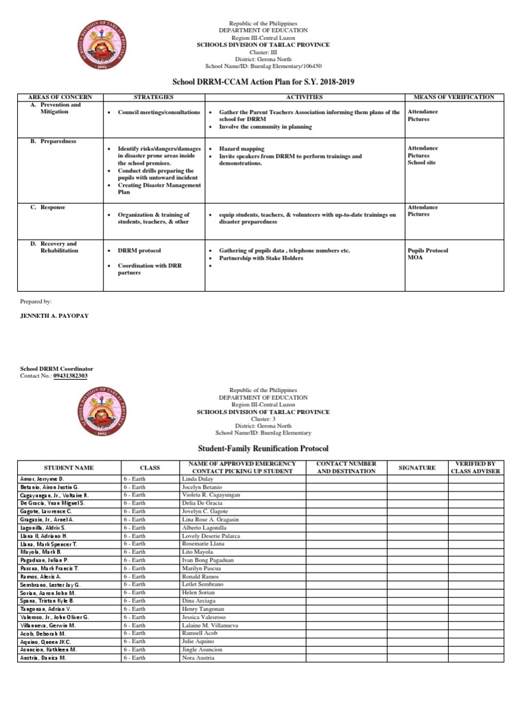 School DRRMCCAM Action Plan For S.Y. 20182019 PDF Emergency