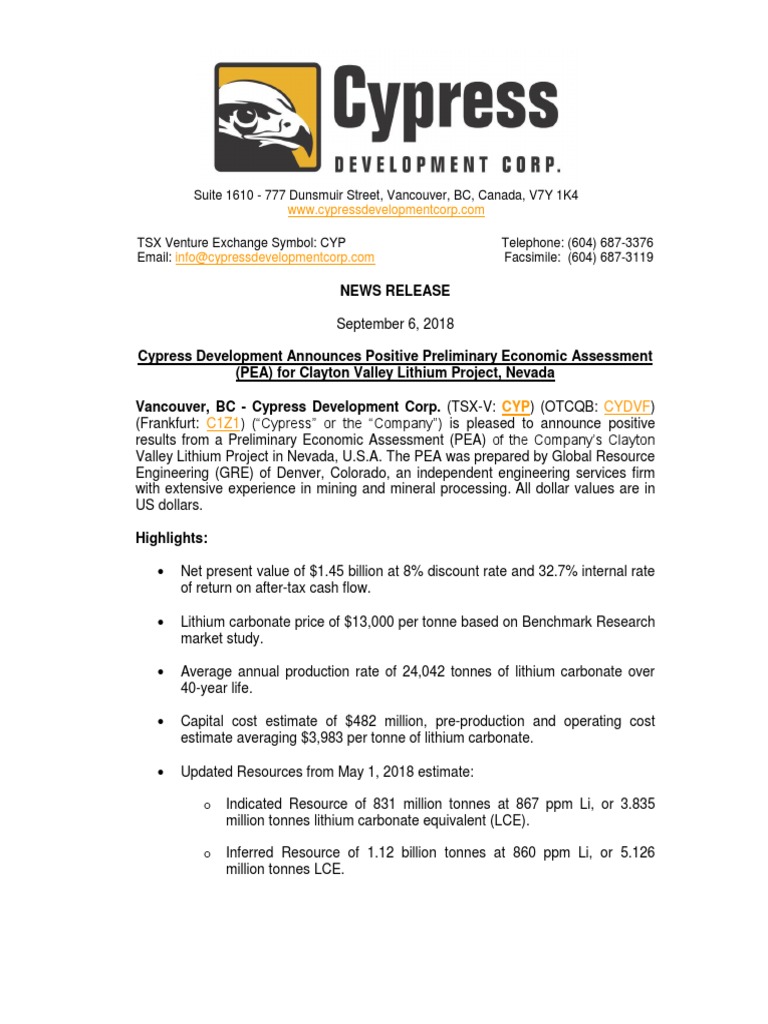 Cypress Development Announces Positive Preliminary Economic Assessment