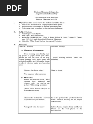 Detailed Lesson Plan in Basketball Grade 8 MAPEH.