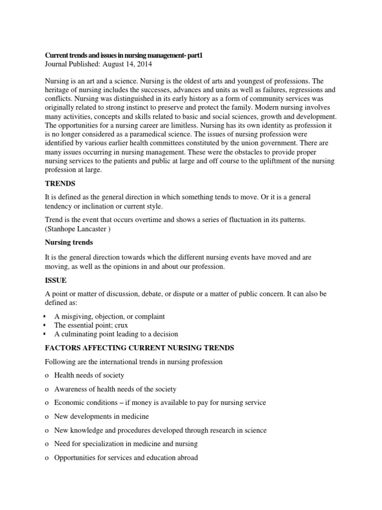 Current Trends and Issues in Nursing Management PDF Nursing