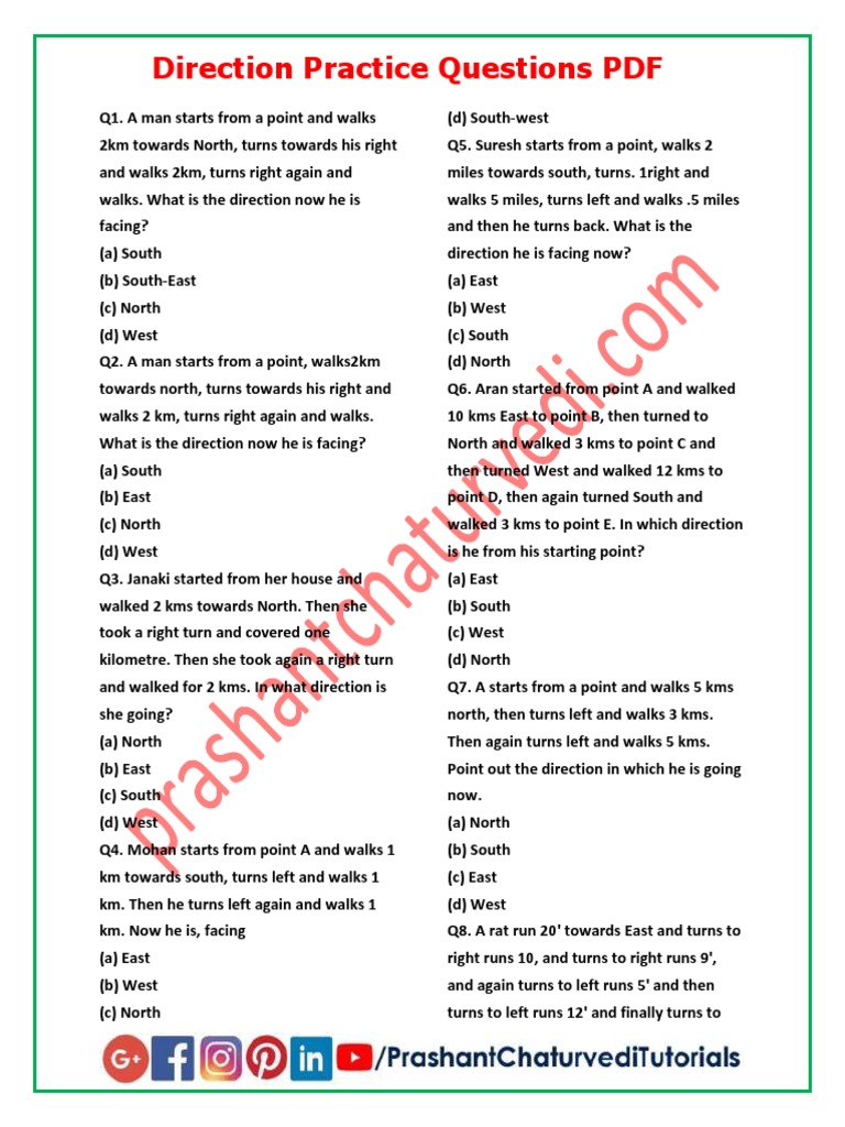 Direction Practice Questions PDF | PDF | Distance | Physical Quantities