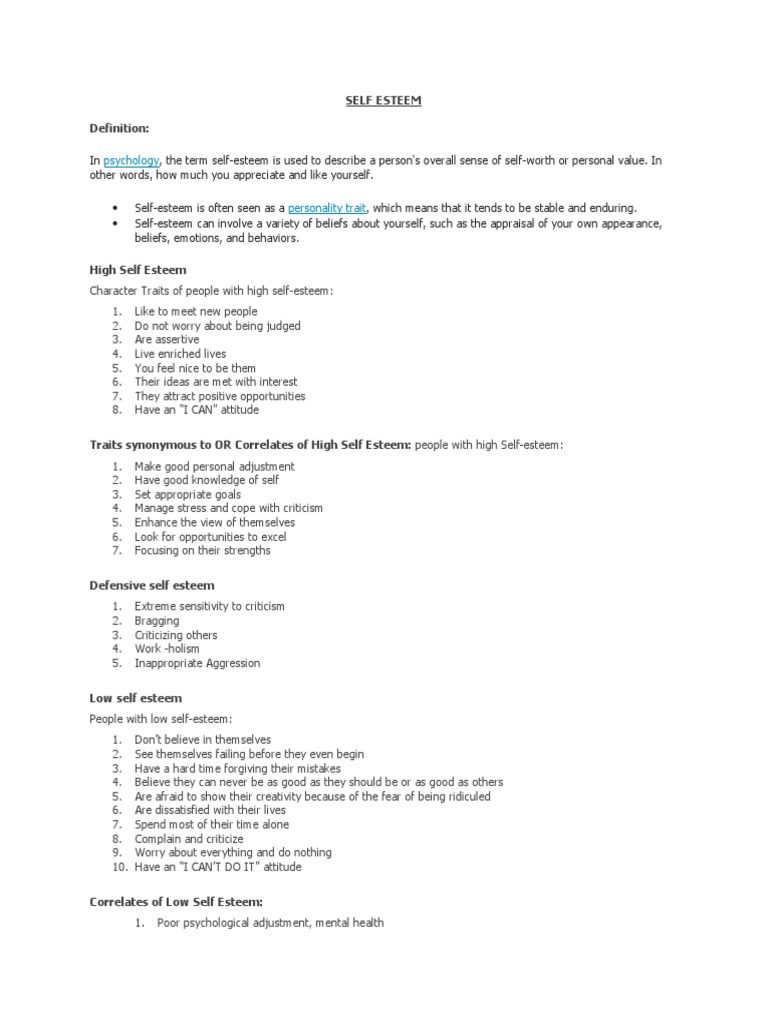 Psychology Self Esteem Definition PDF Attitude (Psychology