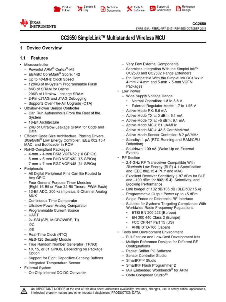 Cc2650 Simplelink™ Multistandard Wireless Mcu: 1 Device Overview | PDF ...