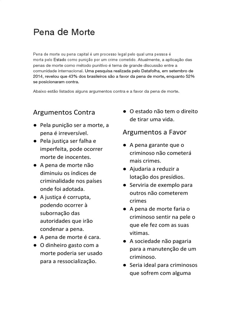 Os Principais Argumentos a Favor e Contra a Pena de Morte | PDF | Pena ...