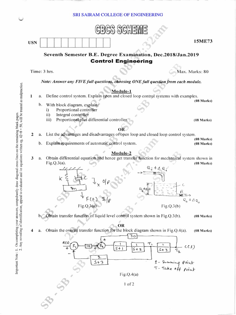 Control Engineering Question Papers PDF Control Theory