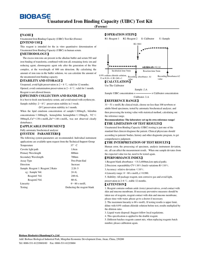 Unsaturated Iron Binding Capacity (UIBC) Test Kit (Ferene) PDF Iron Reference Range