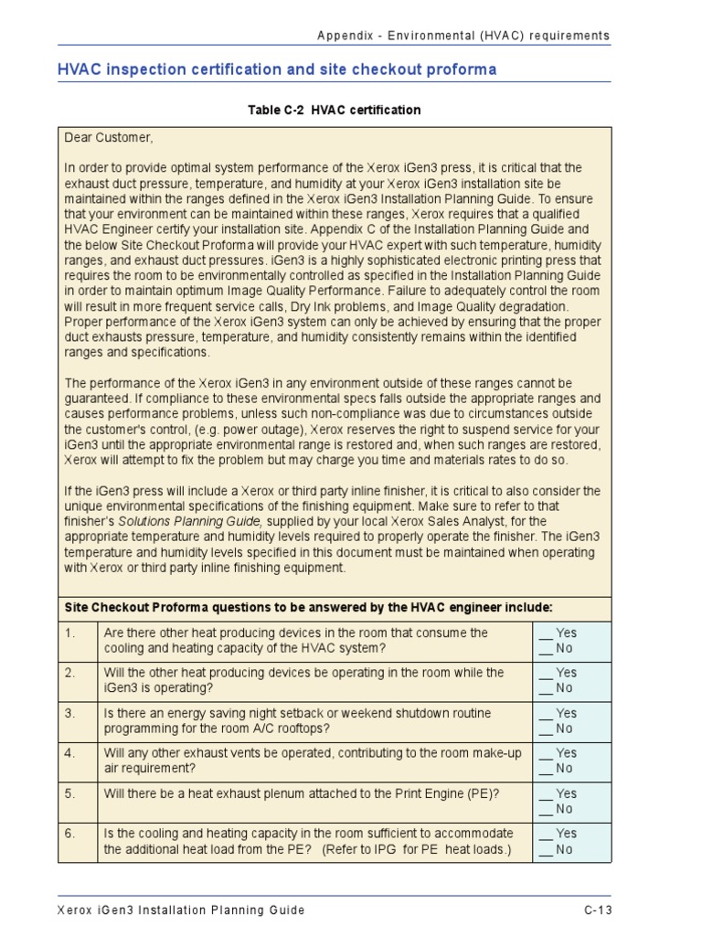 HVAC Inspection Certification and Site Checkout Proforma PDF Hvac