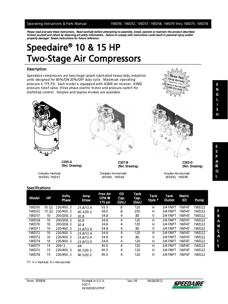Speedaire 10 and 15 HP 2 Stage Air Compressors Owners Manual PDF Valve Implied Warranty