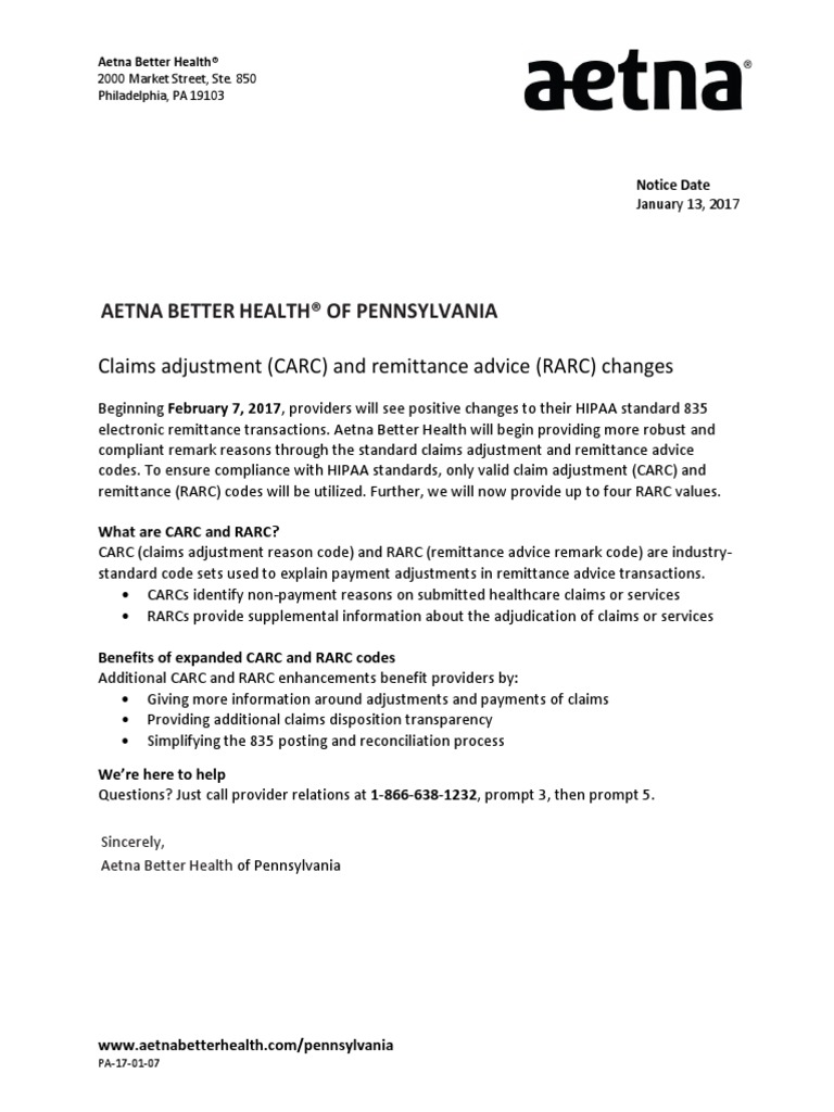 Aetna Better Health® of Pennsylvania: Claims Adjustment (CARC) and ...