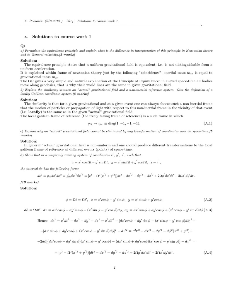 Solutions to Coursework on Relativity | PDF | Tensor | Euclidean Vector
