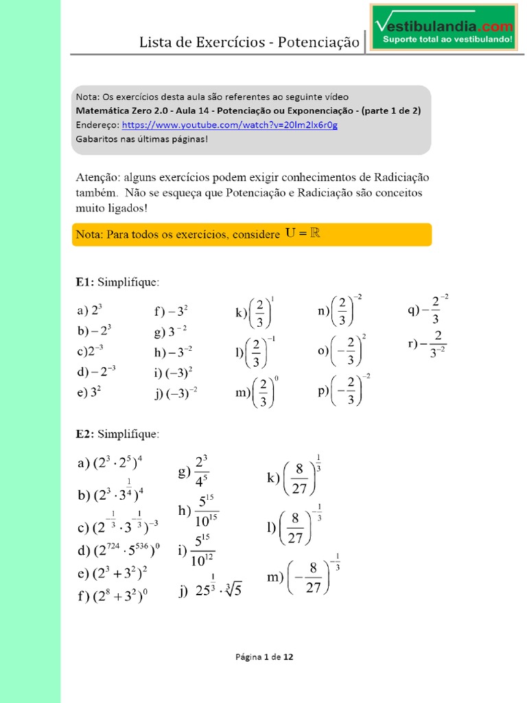 Lista de Exercícios - Potenciação PDF | PDF