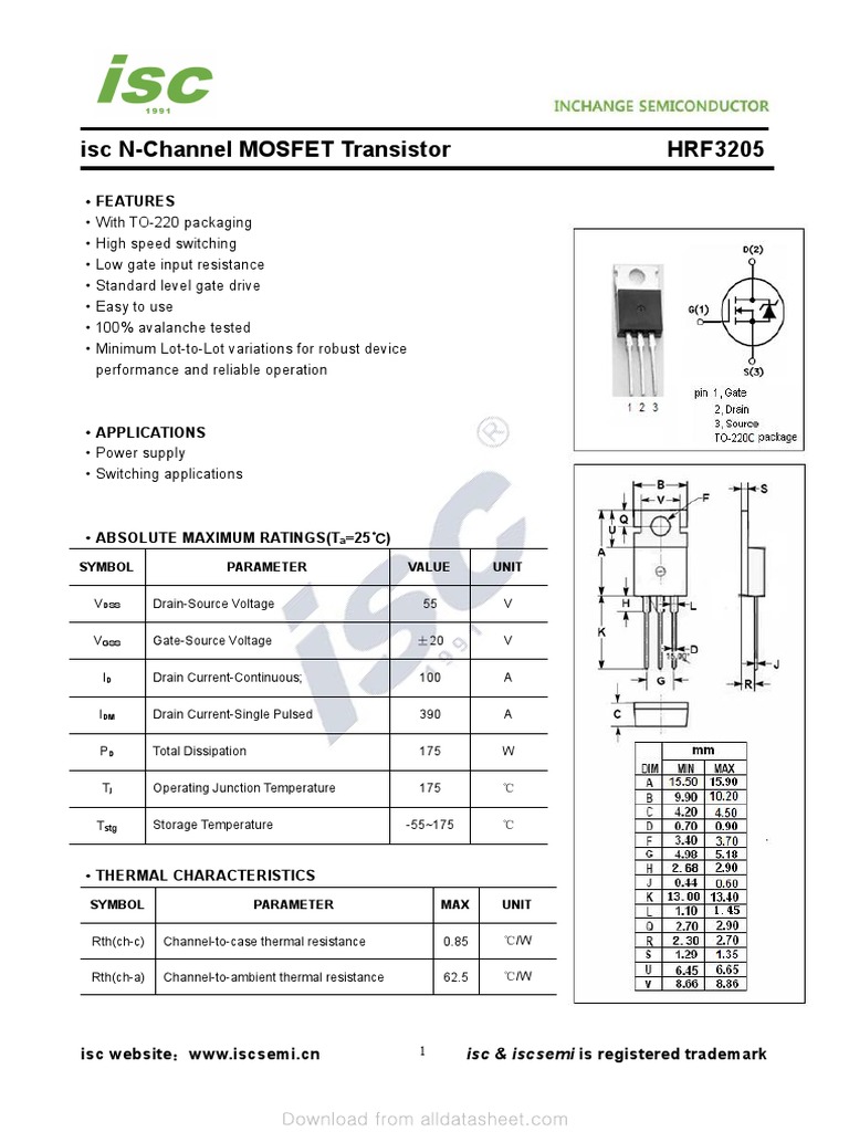 Isc N-Channel MOSFET Transistor HRF3205: Features | PDF