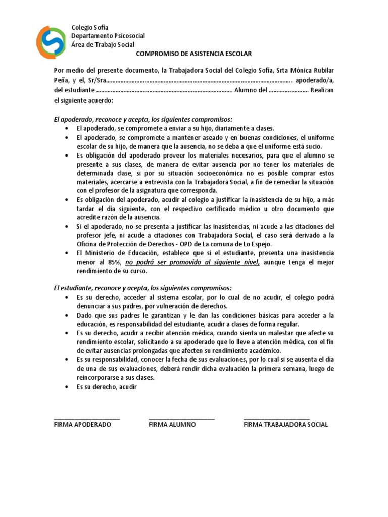 Compromiso Asistencia Escolar PDF Trabajo Social Aprendizaje